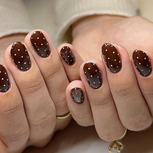 Brown Press on Nails Short Oval Fake Nails White Polka Dot Design Full Cover Glossy Glue on Nails for Women 24PCS