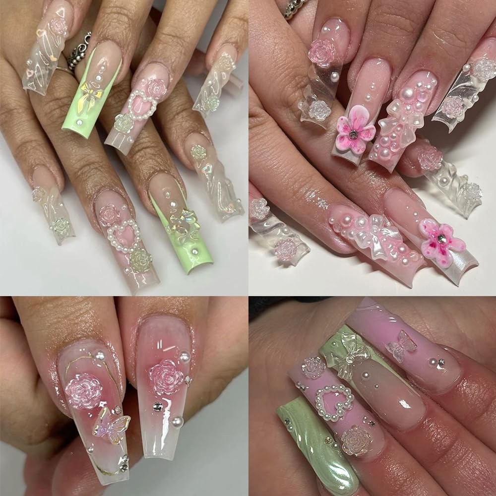 3D Multi Shapes Nail Charms, Aurora Rose Camellia Butterfly Acrylic Flower Clear Bow-Knot White Heart Flatback Pearls Nail Decoration Jewelry DIY Crafts Y2K Nail Art Accessories
