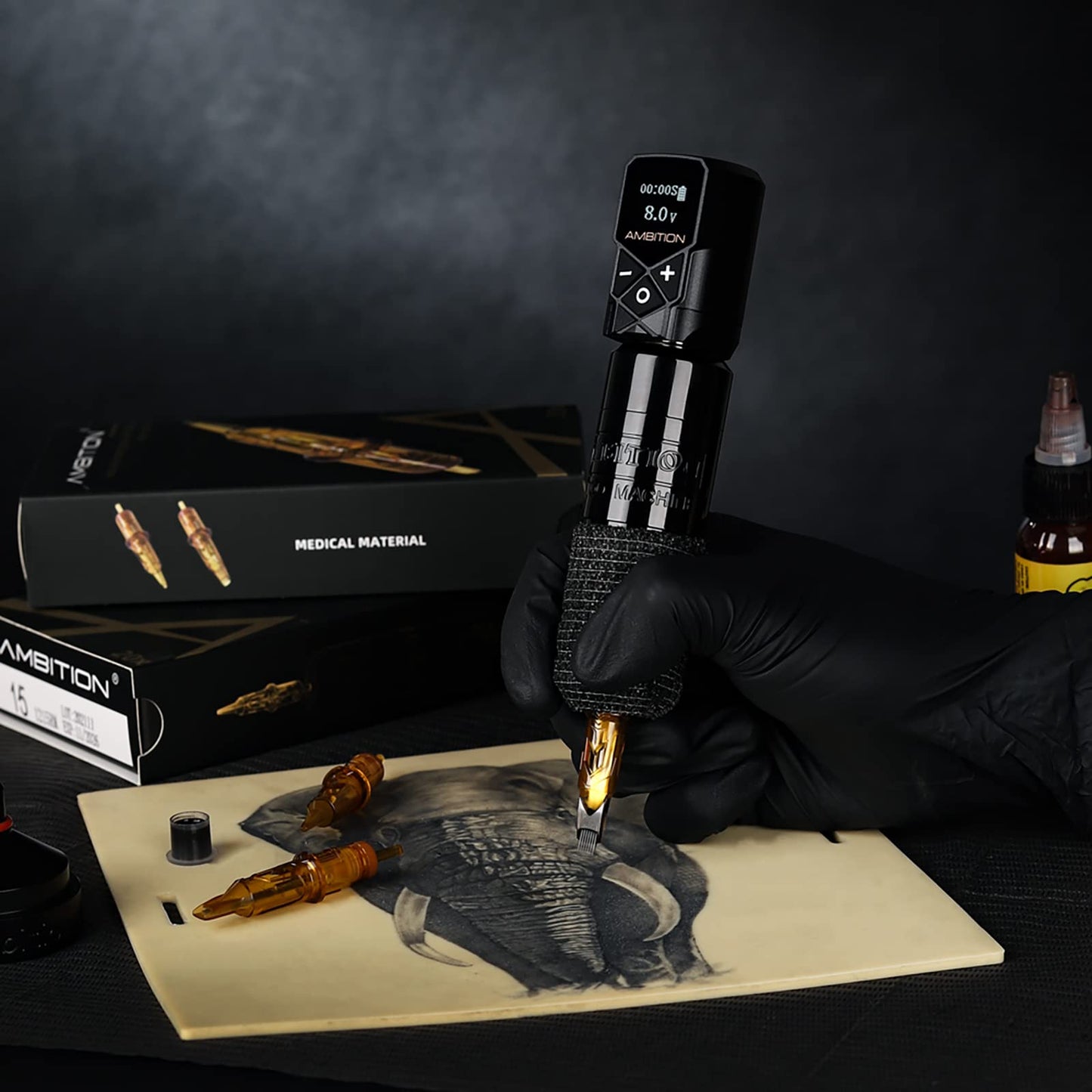 Ambition Torped Tattoo Kit - Rotary Tattoo Machine Kit with 2400mAh Power Supply Brushless Motor Tattoo Gun Kit 40pcs Mixed Size Glory Tattoo Cartridge Needles Gloves for Professional Tattoo Artist