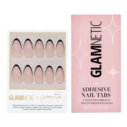 Glamnetic x GLAMZILLA Press-On Nails & Adhesive Nail Tabs - NO IN BETWEEN | Short Almond Fake Nails, Black & White Micro French Tips | 15 Sizes - 30 Nail Kit with Adhesive Tabs