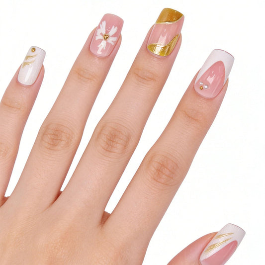 French Tip Press on Nails Medium Square Fake Nails with White Pearl Flower Designs Glossy Nails Press ons Pink Full Cover Glue on Nails Summer Acrylic Artificial Stick on Nails for Women 24Pcs