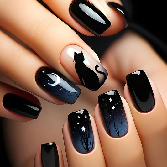 Press On Nails Medium Square Cute Cartoon Cat Stick On Black Sky Gradient Coffin Acrylic Full Cover Artificial Reusable Glue On for Women 24Pcs