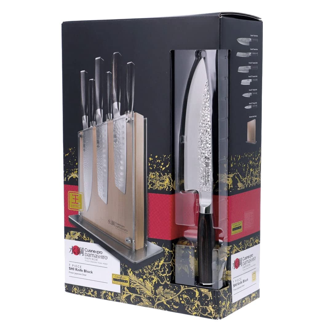 Cuisine::pro Damashiro Emperor Knife Block (Shi, 7 Piece Set) - Premium Japanese Steel Knife Set With Tempered Glass - Magnetic Knife Holder - Professional Knife Set in Damascus Design