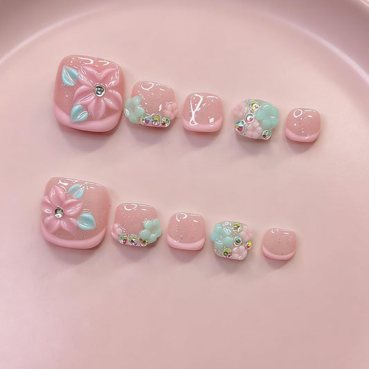 10 Pcs Handmade Luxury Press on Toenails with Handmade 3D Bling Rhinestones & Flower Designs Short Square Stick on Toe Nails Pink French Tip Fake Toe Nails for Women Manicure Decor (S)