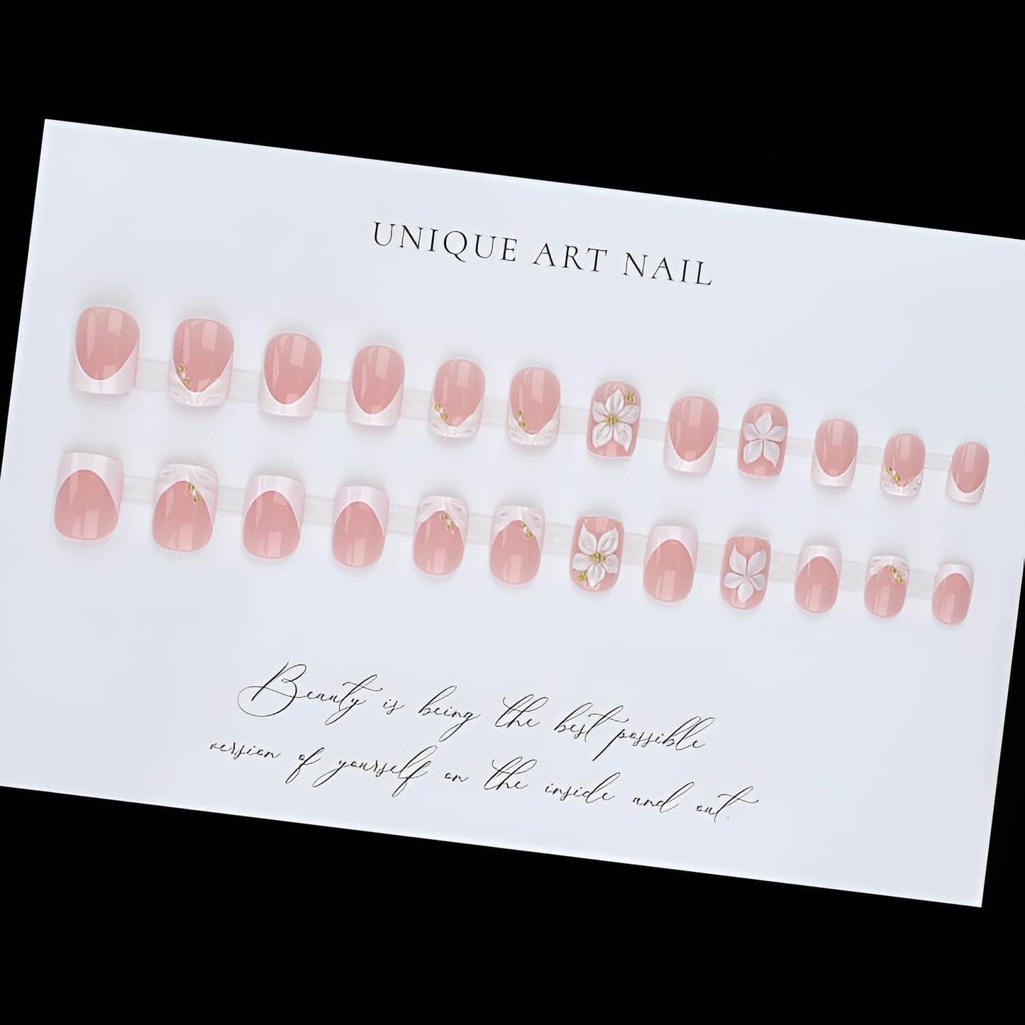 24Pcs White French Tip Press on Nails Short Square Fake Nails 3D Flower Nails Press Ons with Rhinestones Design Glossy Glue on Nail French Tip False Nails Acrylic Stick on Nail for Women Set
