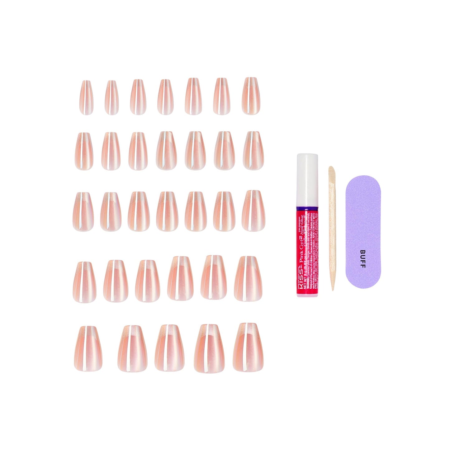 Kiss Glam, Press On Nails, Nail glue included, 'Dusk Mirage', Beige, Medium Size, Coffin Shape, Includes 32 Nails, 2g Glue, 1 Manicure Stick, 1 Mini File