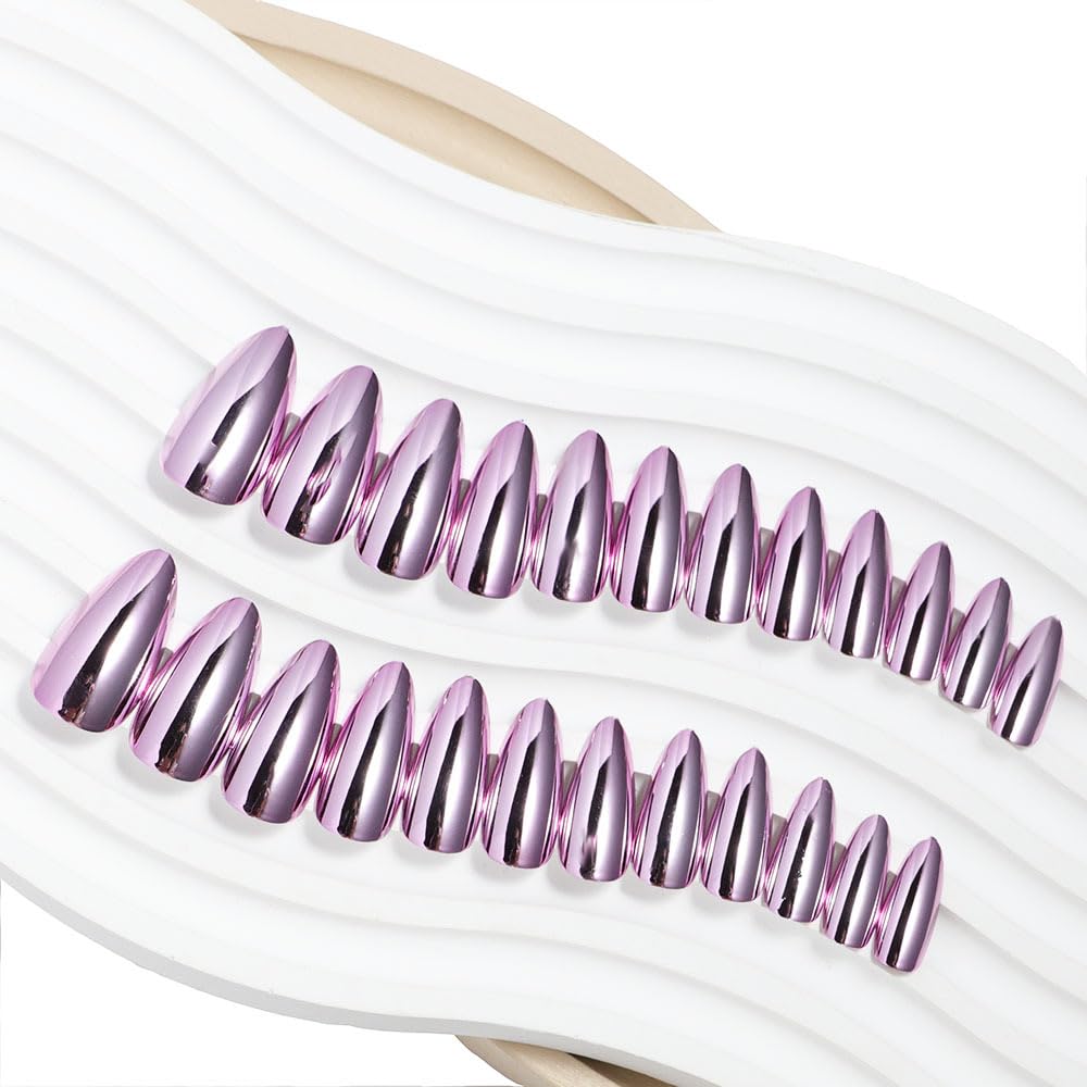 Pale Pink Chrome Press on Nails Medium Almond Fake Nails Rose Pink Electroplating Chrome False Nails Metal Mirror Acrylic Stick on for Women Girls Manicure Decoration 24Pcs