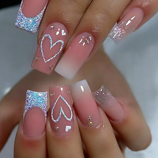 Square Press on Nails Long Pink Ombre Glue on Nail Glitter French Tip Fake Nails with Heart Rhinestone Design Cute Nails Press ons Full Cover Stick on Nail for Women Girls Manicure 24Pcs