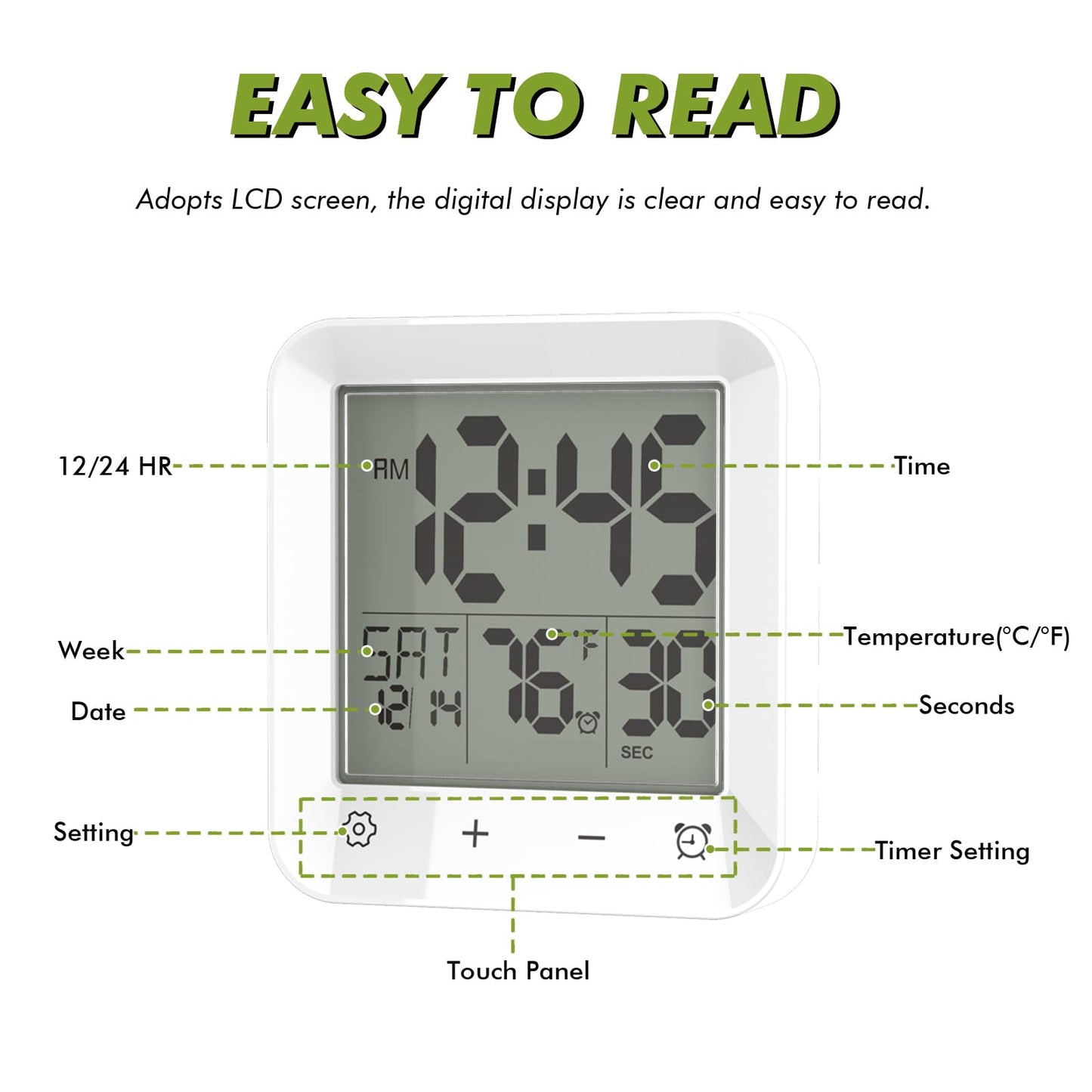 Wisoee Digital Shower Clock Waterproof, Bathroom Wall Clock Timer with Touch Screen, Temperature, LCD Display, Suction Cup Hanging Hole Stand for Kids and Adults