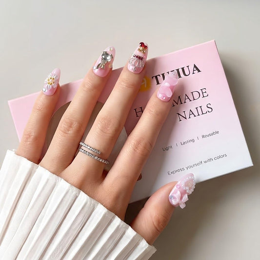 24Pcs Handmade Press on Nails,3D Pink Bow Medium Length Almond Shape Fake Nails with White Flower,Cute Manicure Kit for Women and Girls