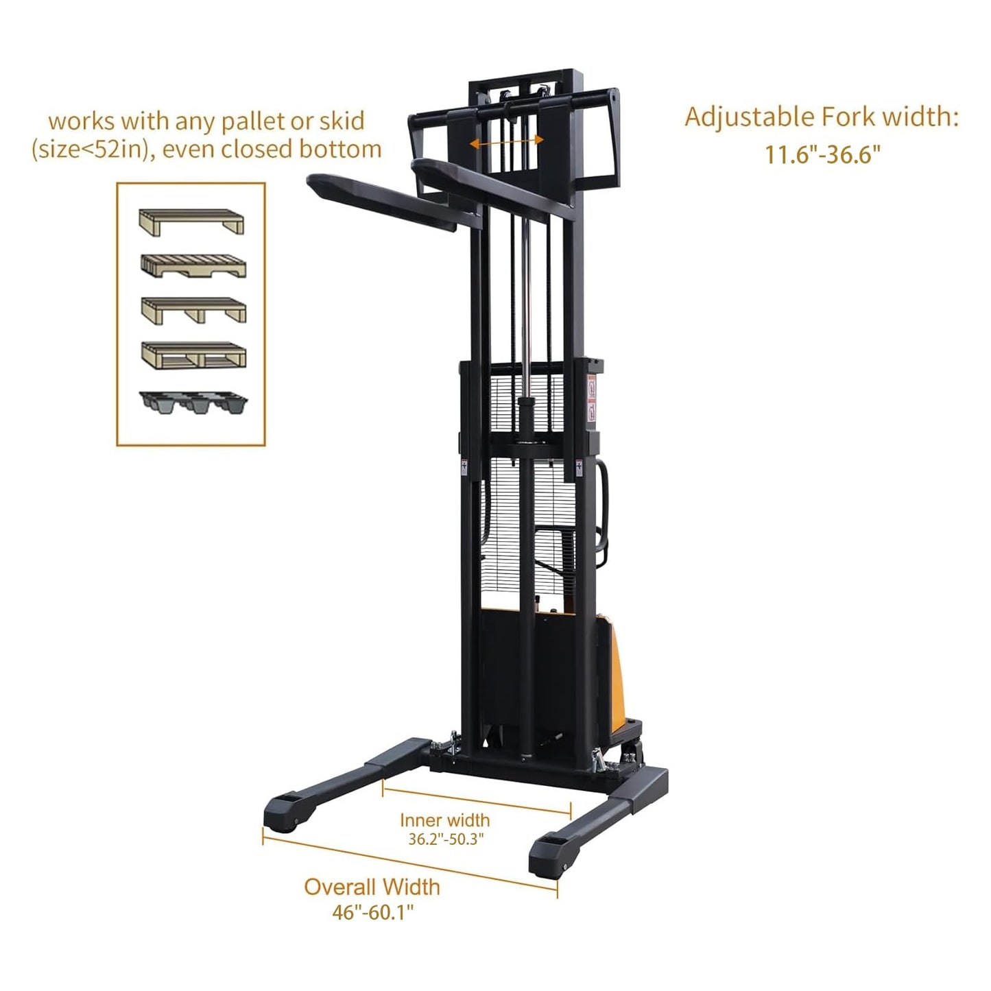 APOLLO Semi Electric Pallet Stacker Economy Hand Pallet Lift Stacker Forklift with Straddle Legs 3300lbs Capactiy 98" Lifting Height