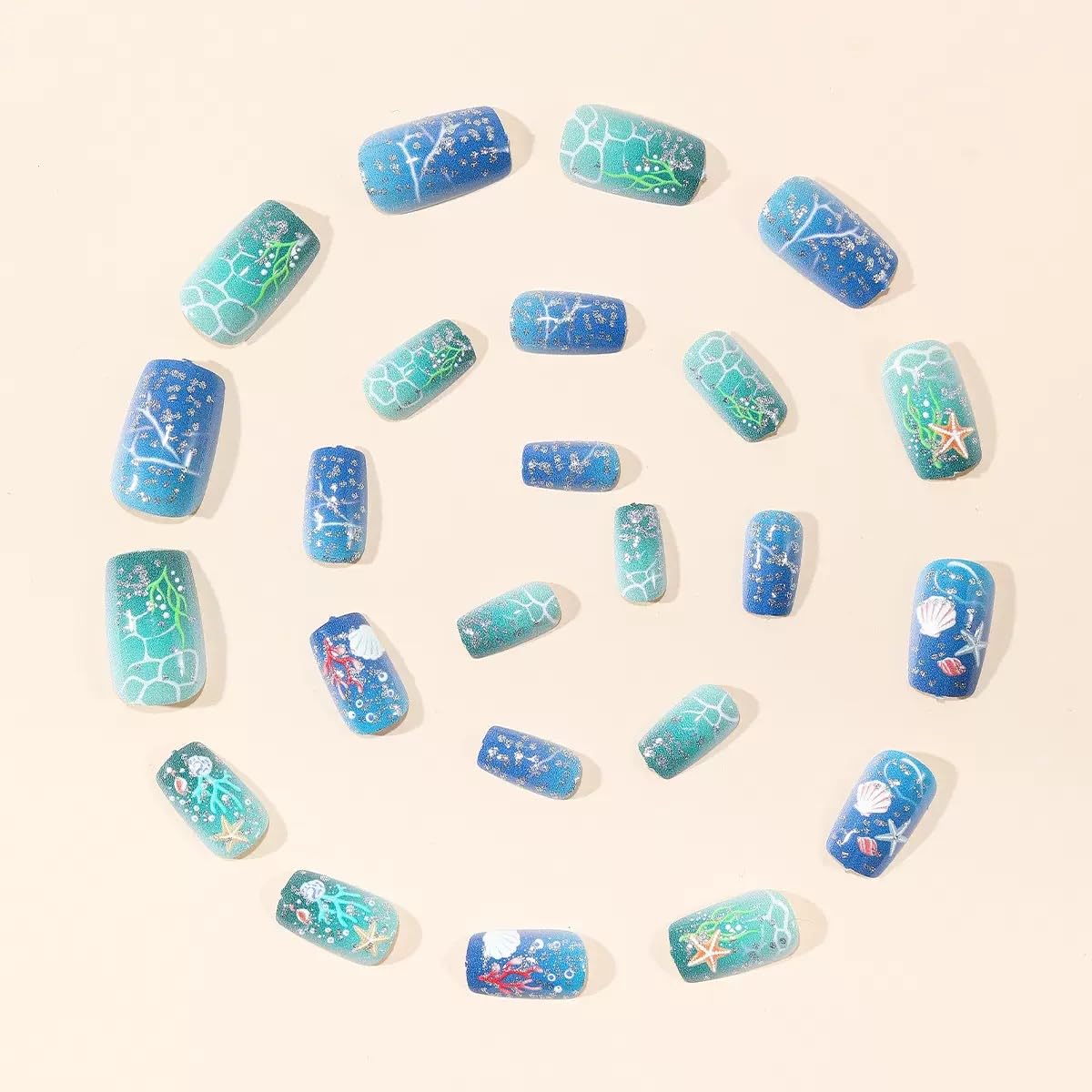 CTTHNBD Medium Press on Nails Square - Summer Fake Nails with Starfish Shell Design - Ombre Blue False Nails for Women 24 Pcs