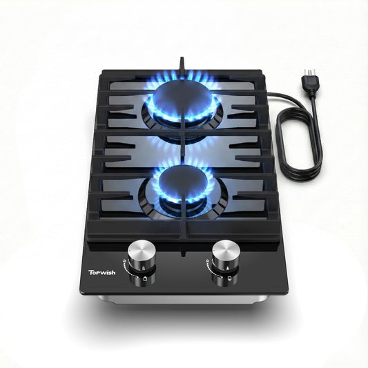 TOPWISH 12 Inch Gas Cooktop 2 Burner, Propane Stove Top 18,000 BTU Black Tempered Glass LPG/NG Convertible Dual Fuel Built-in Natural Hob with Thermocouple Protection for Rvs Kitchens Apartment Indoor