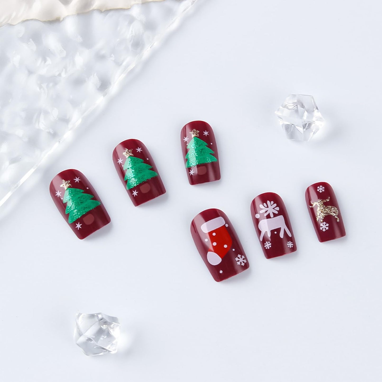 Christmas Stocking Press on Nails Christmas Medium Square False Nails 24Pcs Snowflake Gel Glue on Nail Xmas Tree Stick on Fingernails Glossy Gold Glitter Elk Acrylic Fake Nail for Women Xmas Gift
