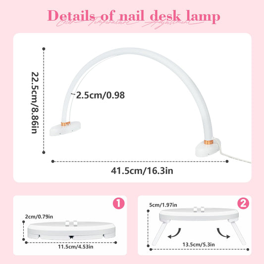 obcd Half Moon Light for Nail Desk 16 inch Nail Desk Light Half Moon Lamp Portable Arch Lamp Dimmable with Foldable Bracket for Desk Salon Table Use, 3 Color Temperature