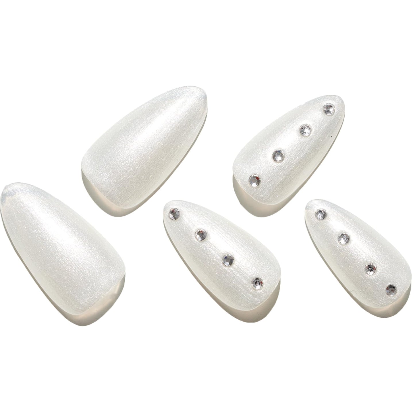 GLAMERMAID Nude White 3D Press on Nails Medium Almond, Rhinestone Handmade Jelly Gel Fake Nail Stiletto Kit, Ombre Glitter Magnetic Glue on Nail Short Oval, Normal Stick on False Nail Set for Women