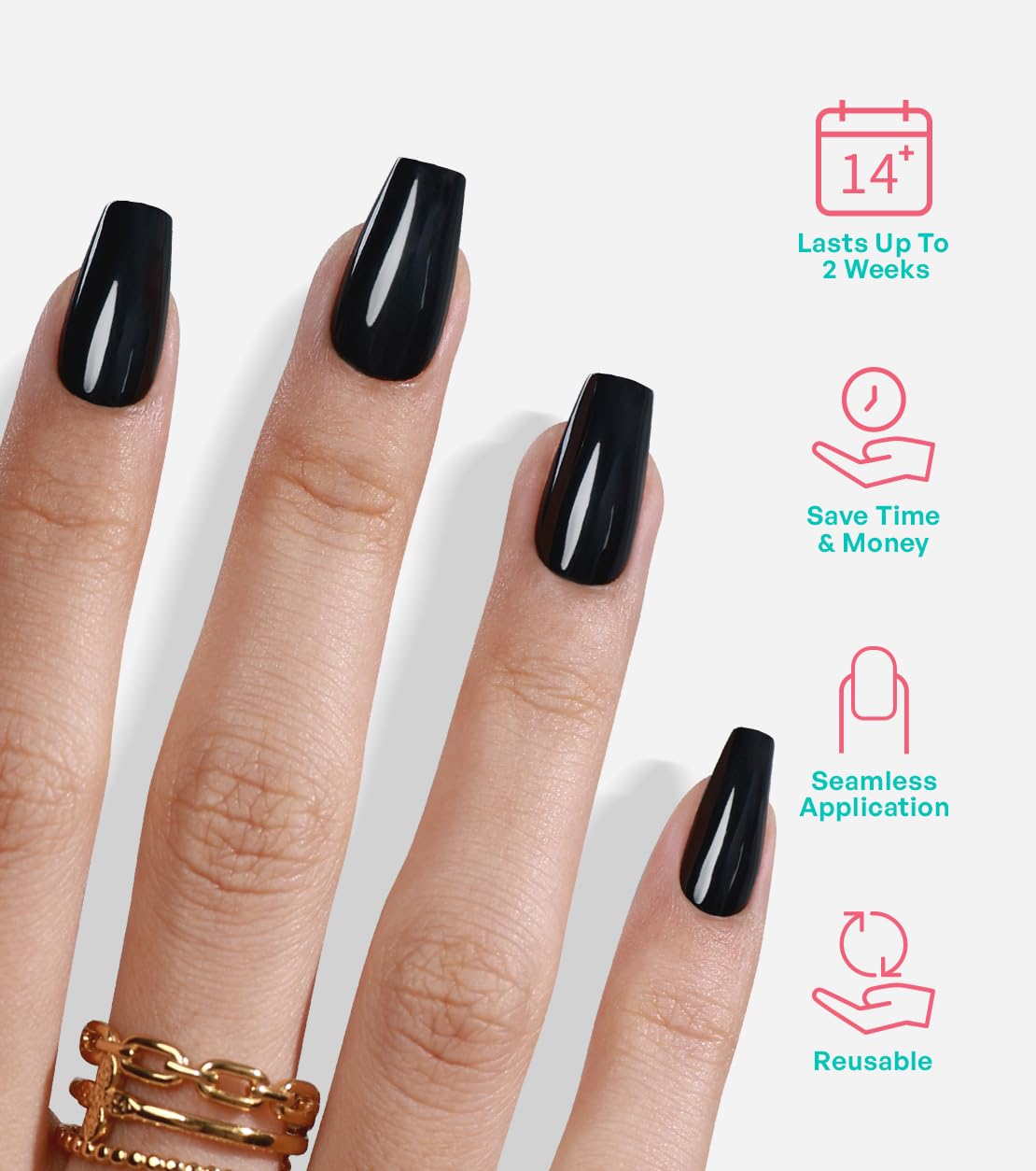 Black Coffin Halloween Press on Nails Medium - GJZEZ Soft Gel Ballerina Glossy Square False Nails, Natural Fit T-Shape Acrylic Glue on Nail for Women | 16 Sizes - 32 pcs Reusable Nails, Classic Black
