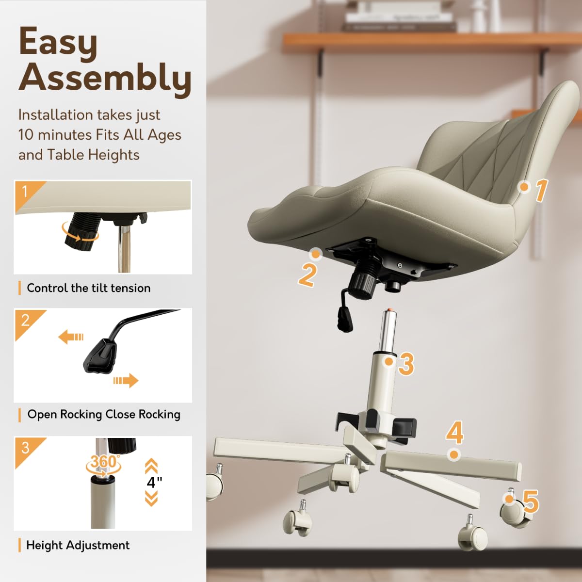 JULYMON Armless Desk Chair, Morden Home Office Chair no Arms, Adjustable Height & Rocking Computer Chair, PU Leather Vanity Chair, Ergonomic Seat Soft Padded Desk Chairs for Home Small Space, Beige