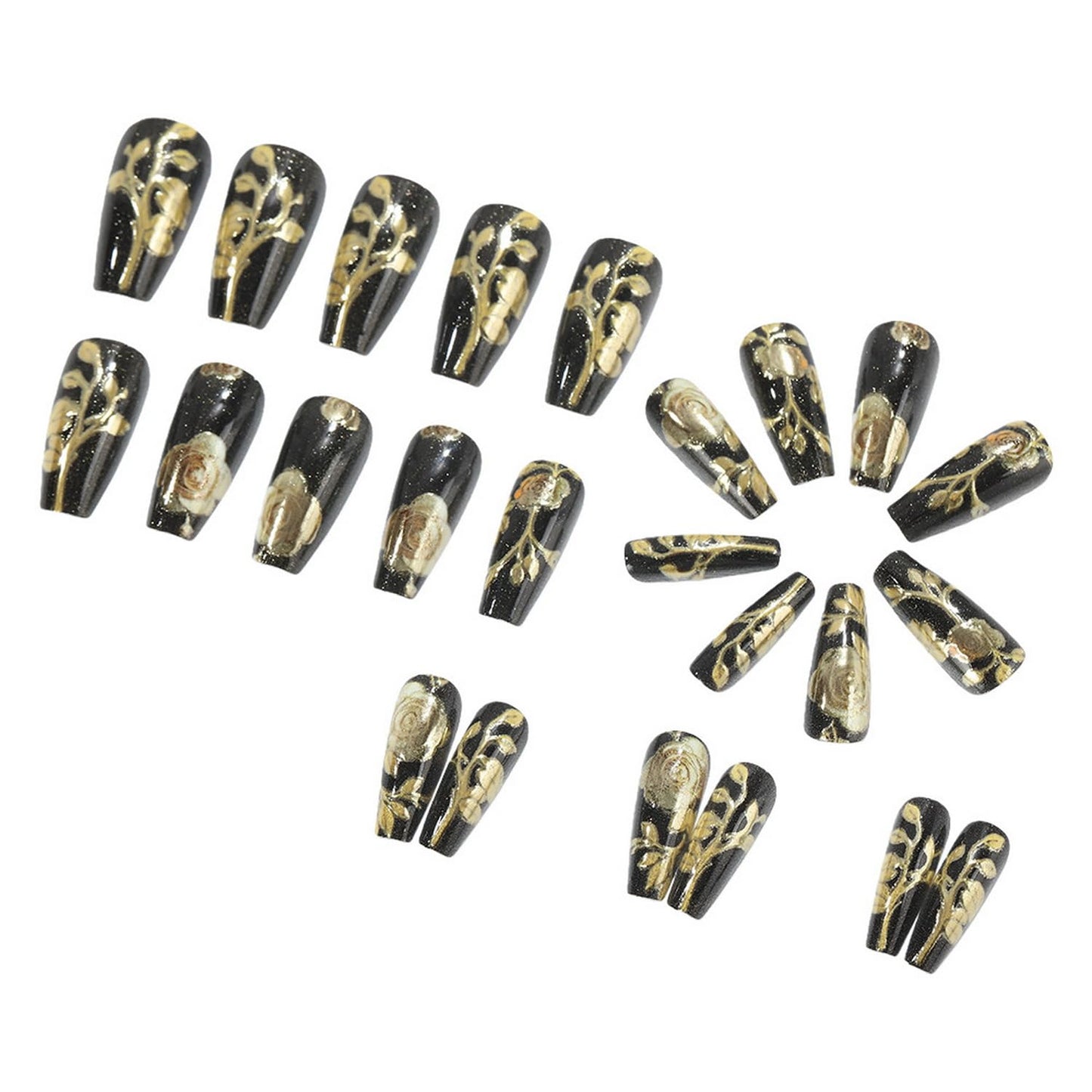 24pcs Press on Nail Long Coffin Fake Nails Black with Gold Floral designs 3D False Nails Full Cover Luxury Press ones Glossy Reusable Acrylic Glue on Nails for Women Art Manicure