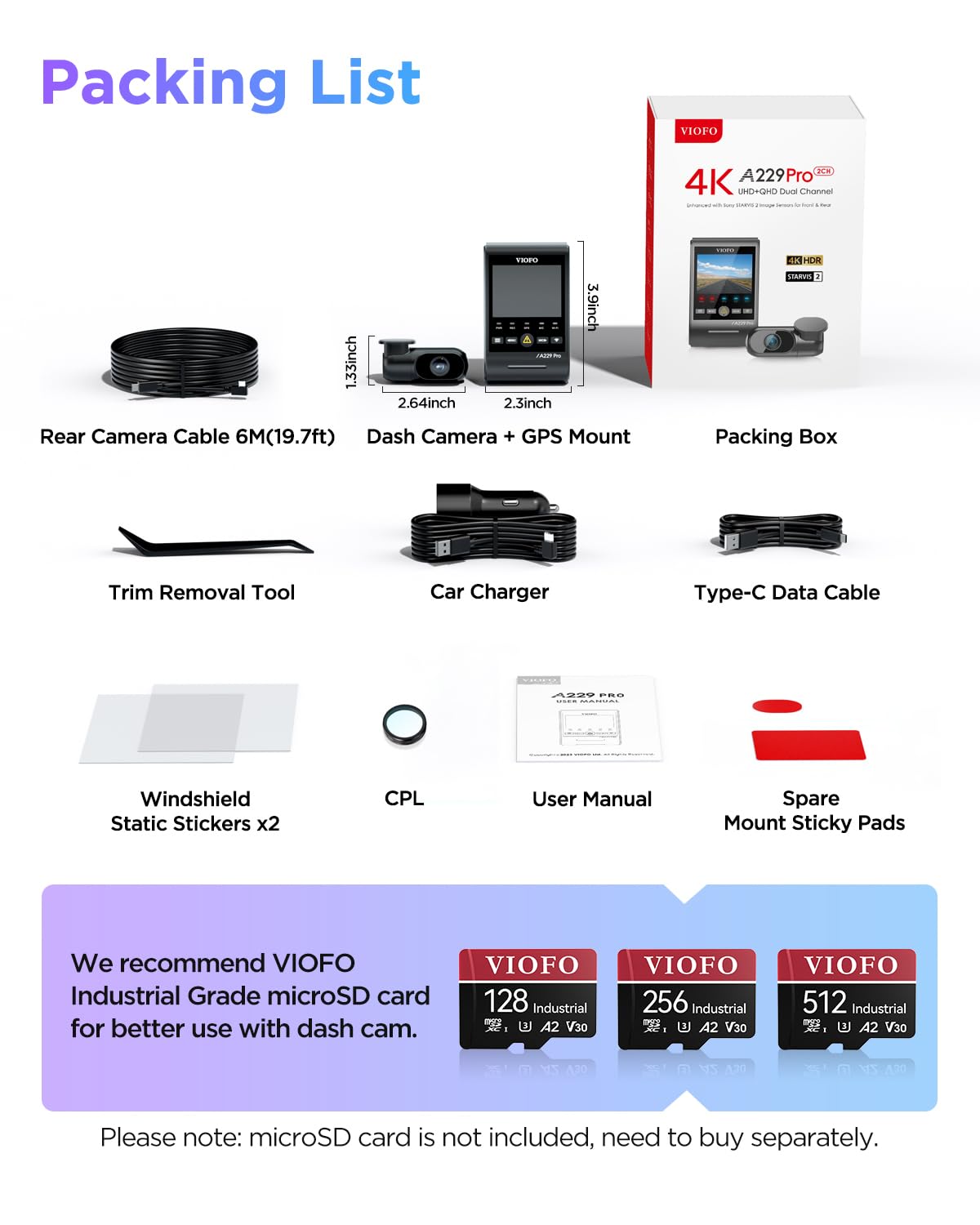 VIOFO A229 Pro 4K HDR Dash Cam, Dual STARVIS 2 IMX678 IMX675, 4K+2K Front and Rear Car Camera, 2 Channel with HDR, Voice Control, 5GHz WiFi GPS, Night Vision 2.0, 24H Parking Mode