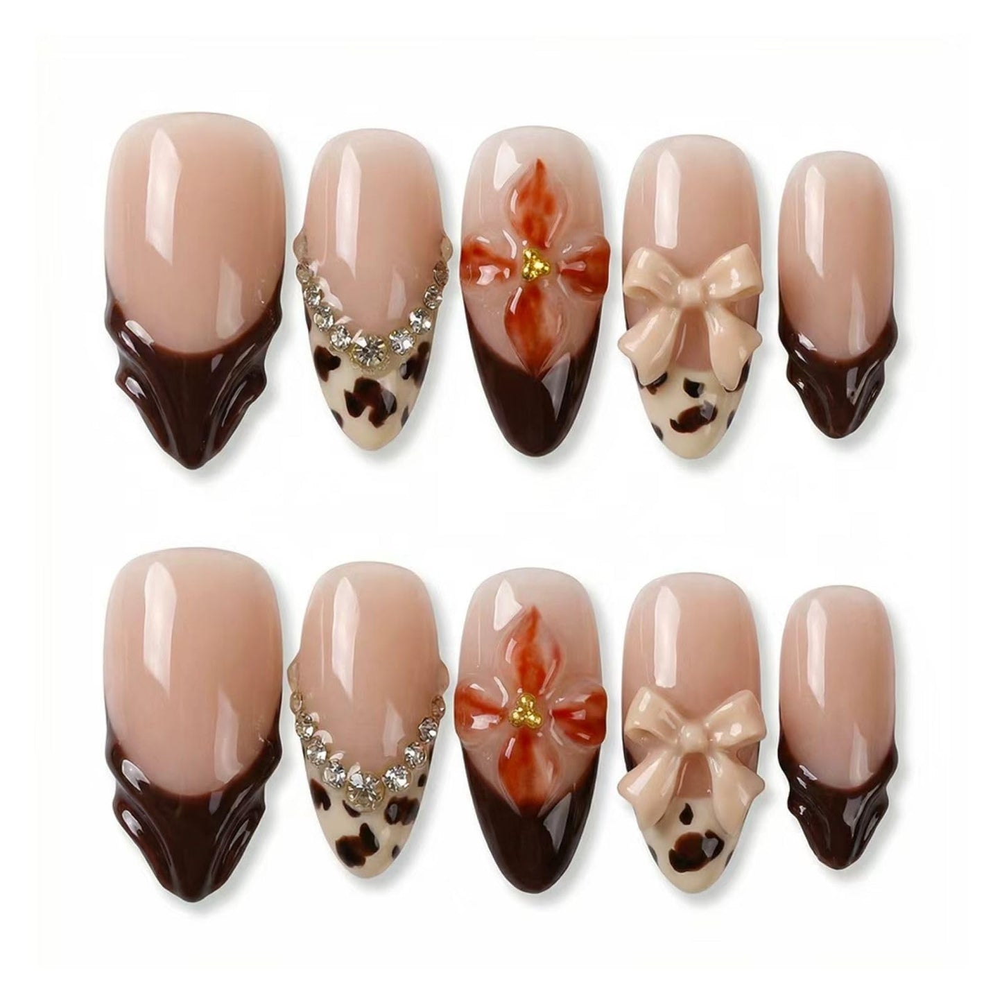 MikaJayboo Handmade Medium Press on Nails Almond Brown French Tip Fake Nails with Leopard Print 3D Bow & Flower for Women Glue 0n Nails for Daily & Party 10Pcs(M)