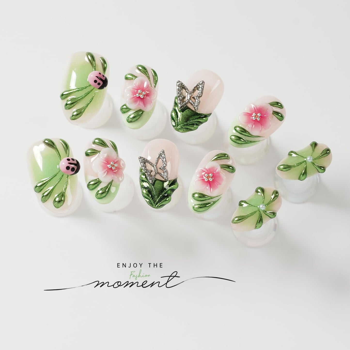Tesytto Press On Nails Short Almond Handmade 3D Flower Metallic Butterflies Fake Nails, Green Chrome Ladybug Design French False Nails for Spring Party Daily Wear (Spring Green Pastel Garden,L)