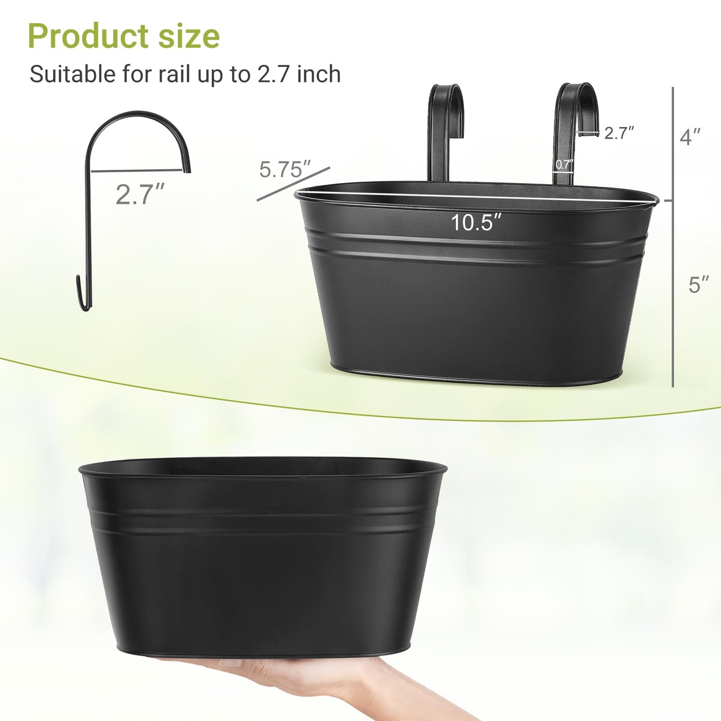 Dahey 10.5 Inch Metal Iron Hanging Flower Pots for Railing Fence Hanging Bucket Pots Countryside Style Window Flower Plant Holder with Detachable Hooks Home Decor,Black,5 Pcs