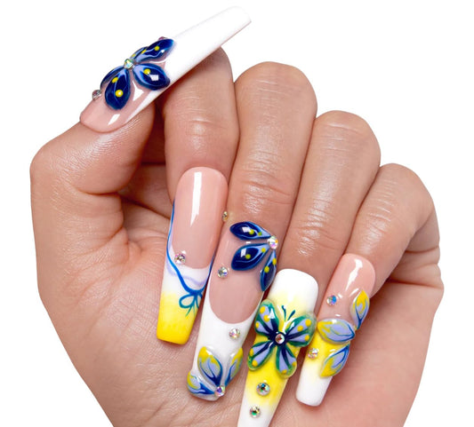 LOVFUL Reusable Press on Nails | Salon Quality Sustainable Style Handmade with Full Covered Crystals | Coffin Mid Length, Coffin Long | (Midnight Bloom, L)