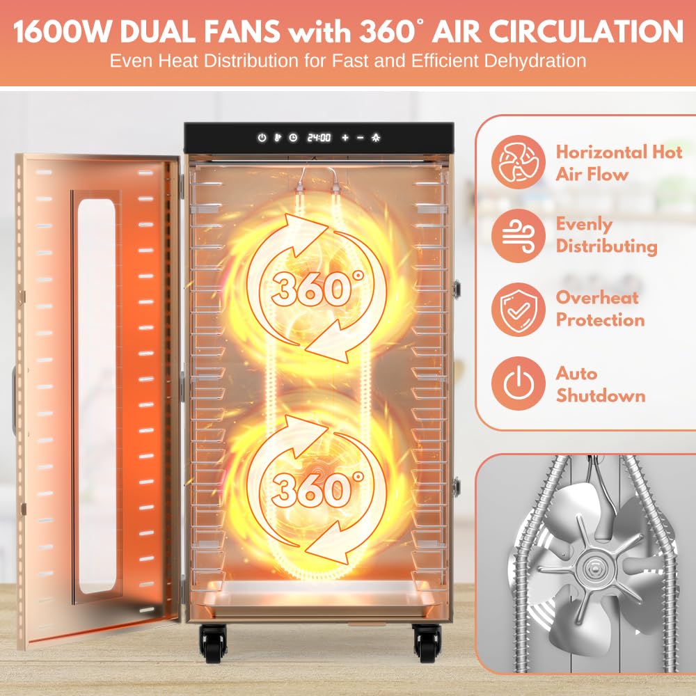 BriSunshine 20-Tray Commercial Food Dehydrator Machine, 24H Timer, 1600W Large Stainless Steel Dehydrators Dryer for Meat Jerky, Dog Treats, Fruits