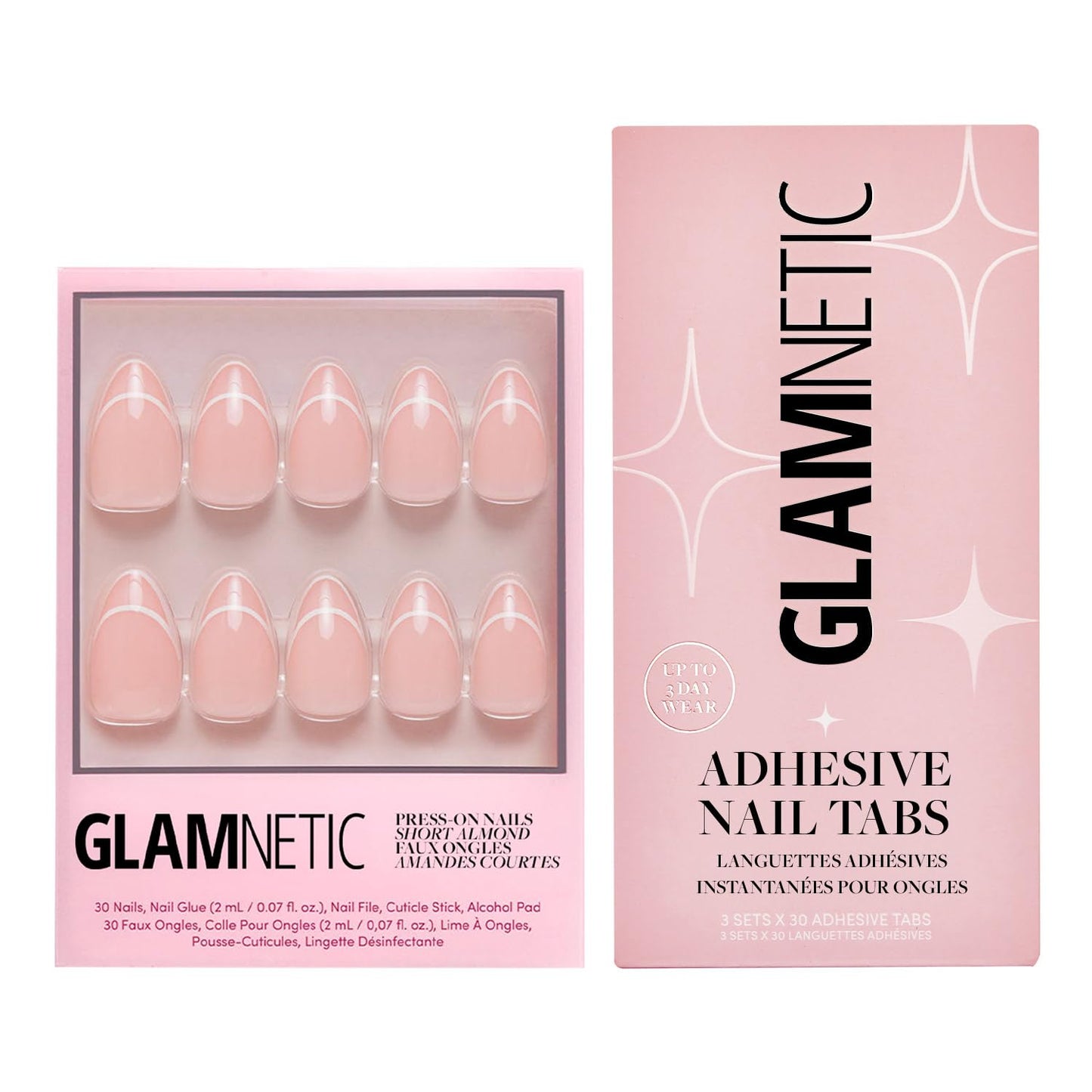 Glamnetic Press-On Nails & Adhesive Nail Tabs - Heavenly | Nude Trendy French Tip Short Almond Fake Nails | 15 Sizes - 30 Nail Kit with Adhesive Tabs