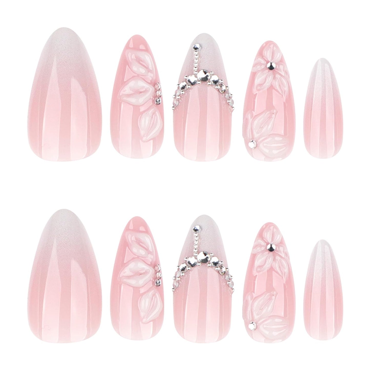 White 3D Flower Press On Nails Medium Almond Fake Nails With Rhinestone Designs Acrylic Nail Press Ons French False Nails Reusable Stick On Nail Glossy Glue On Nail For Women 24Pcs