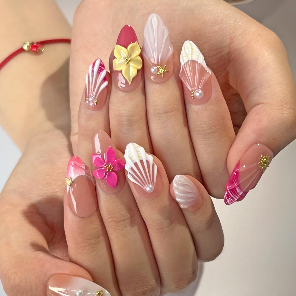 Medium-Size - Luxury Medium Almond 3D False Nails Women Reusable ABS Material Finger Printed Nail Tip French Salon Design Artificial Fingernail-M-size