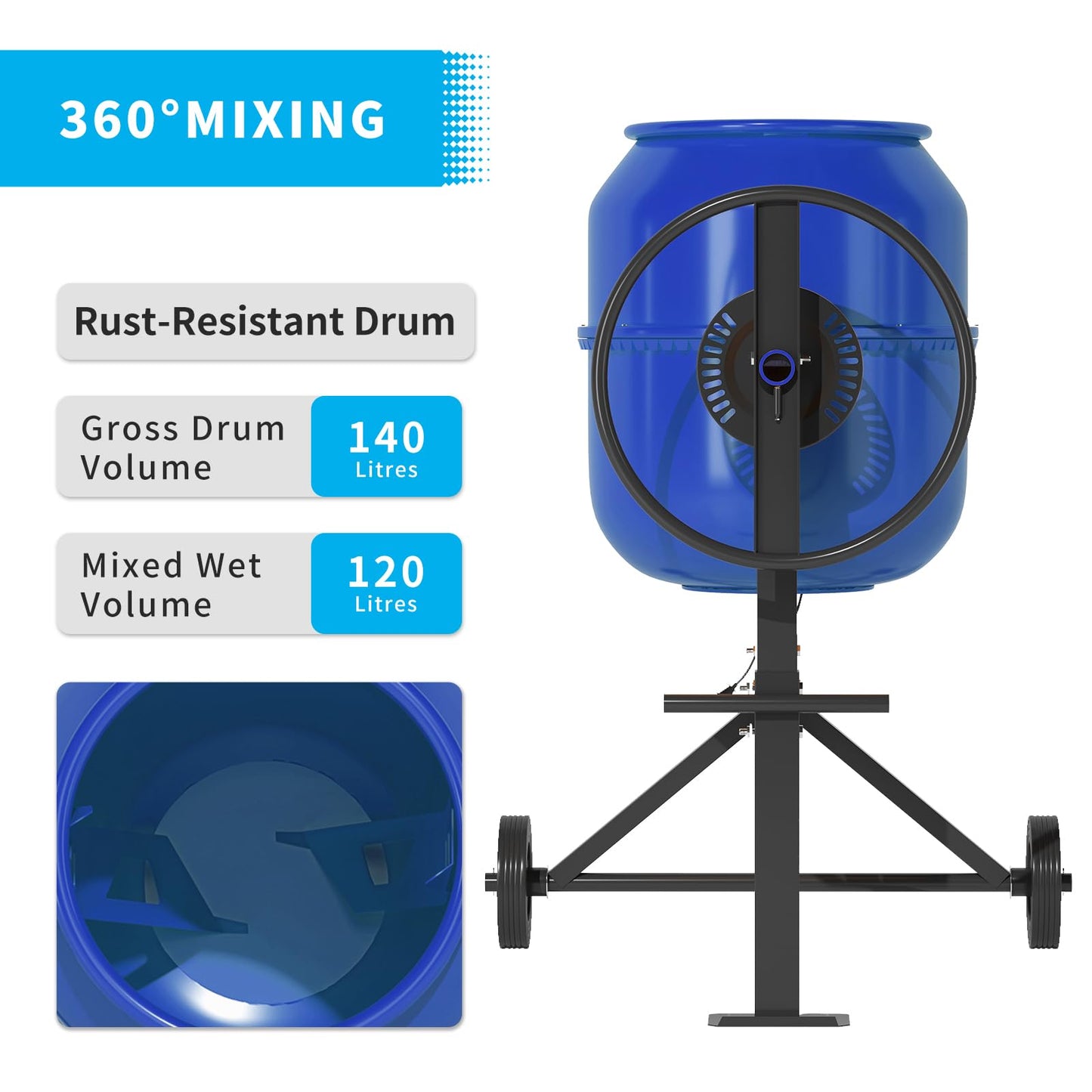 TABU 5.0 Cu.Ft. Electric Cement Mixer, 1/2HP Portable Concrete Mixer, Mortar Mixing for Seeds/Stucco, Freestanding Cement Mixing Tools with Wheels for Stucco, Blue