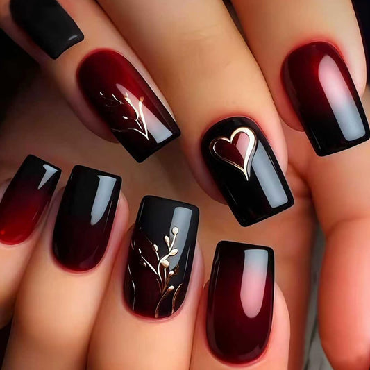 CEWEWP Short Square Press on Nails Wine Red Gradient Fake Nails Black False Nail with Gold Leaf and Heart Design Full Cover Acrylic Glossy Stick on Nails Valentine’s Day Glue on Nail for Women 24PCS