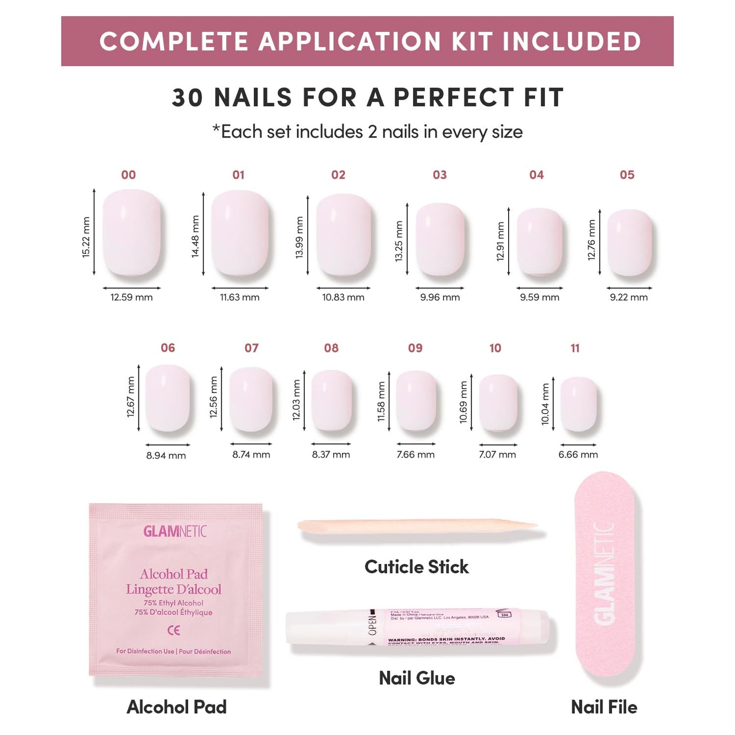 Glamnetic Press On Nails - Mother Pearl | Medium Almond White French Tip Fake Nails, Salon Quality French Manicure | 15 Sizes - 30 Nail Kit with Glue