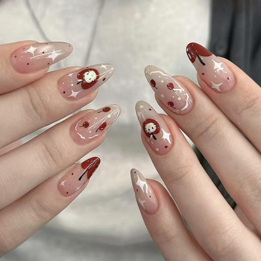 IMSOHOT Press on Nails Medium Almond Fake Nails Red Apple Acrylic False Nails with Cute Kitten Designs Nude Glossy Full Cover Stick on Nails for Women Girls 24Pcs