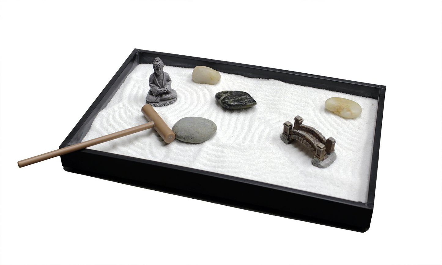 Nature's Mark Mini Zen Garden Kit for Desk with Rake, White Sand, Buddha Figure, Bridge Figure and River Rocks, Black Rectangle Base