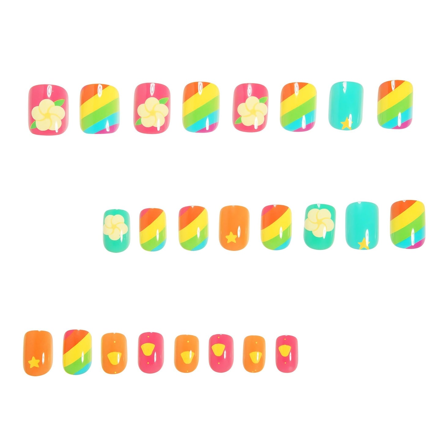 CTTHNBD Short Press on Nails Square - Colorful Fake Nails with Flower Star Design - Summer, Cute False Nails Press ons - for Women 24 Pcs