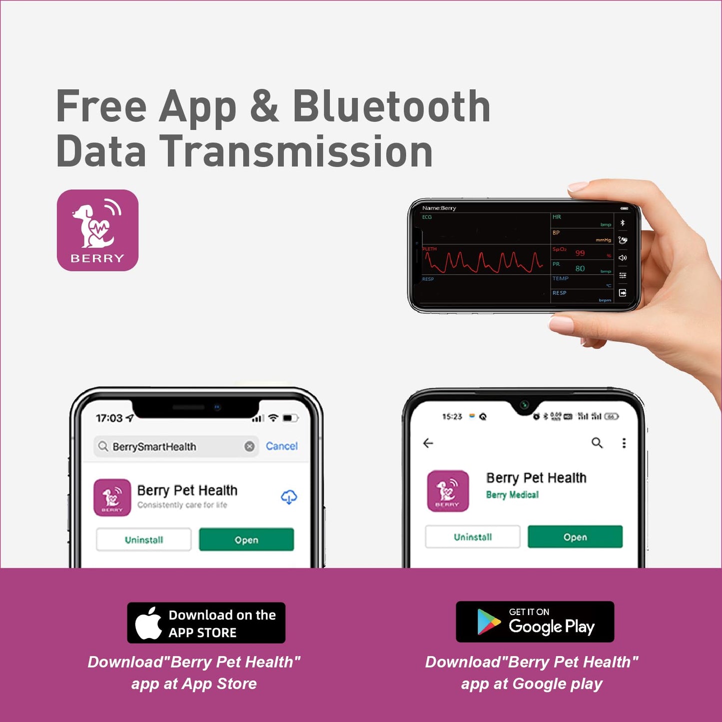 Free App Data Storage Veterinary Handheld AM1000A-Vet Blood Oxygen Saturation and Pulse Rate Tongue Probe Pets with Bluetooth