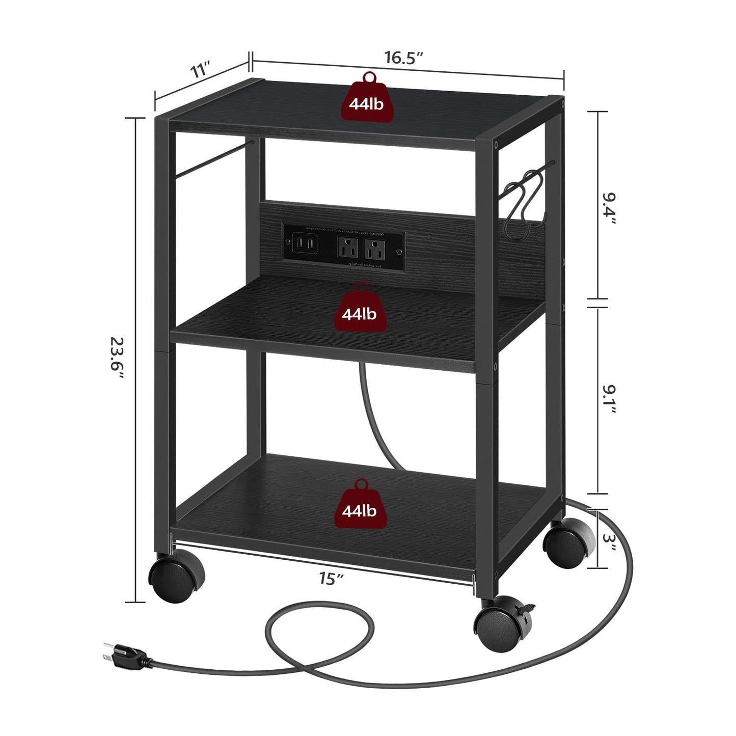 MAHANCRIS Industrial Printer Cart, 3-Tier Mobile Printer Stand, Rolling Cart with Power Outlets and USB Ports, Home Printer Stand with 2 Hooks, for Office, Living Room, Black PTHB40E01