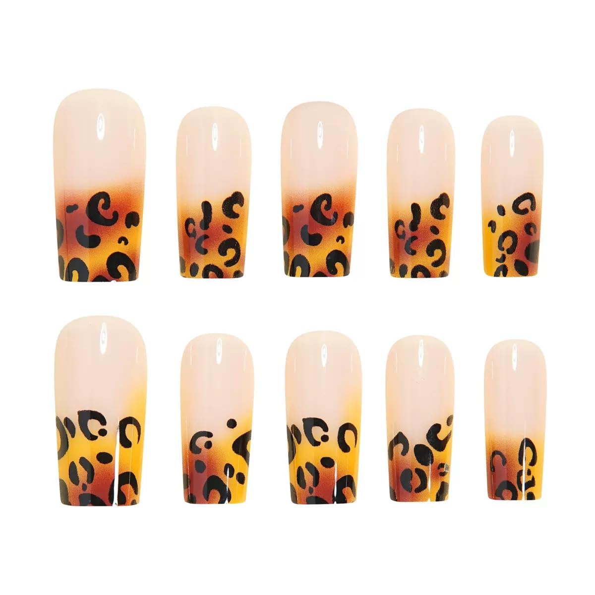 Medium Press on Coffin Nails - Brown Fake Nails with Leopard Print Design - Ombre, Winter False Nails Press ons - for Women 24 Pcs