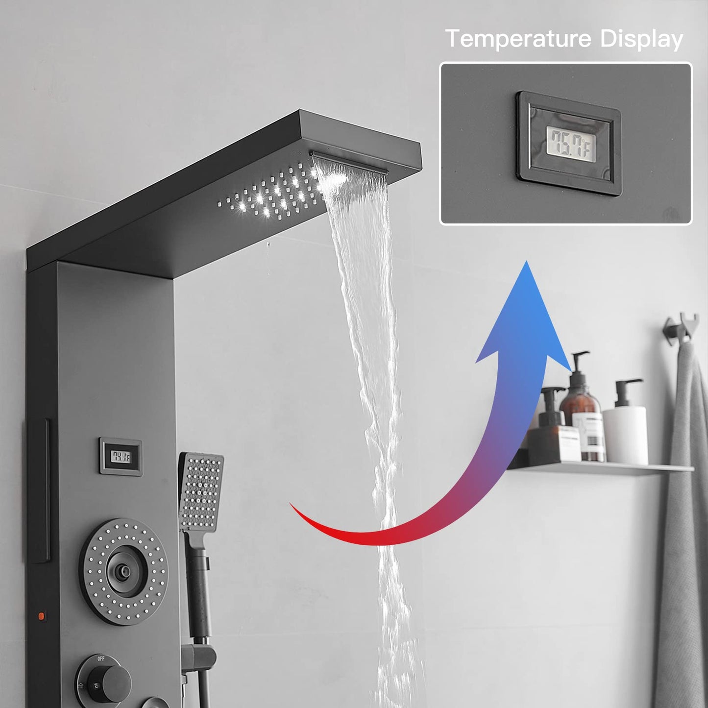 BWE Shower Panel with LED Rainfall Waterfall Shower 6-Function Faucet 4 Mist Jets 2 Body Sprays with Handheld and Waterfall Tub Spout Shower Tower System Matte Black