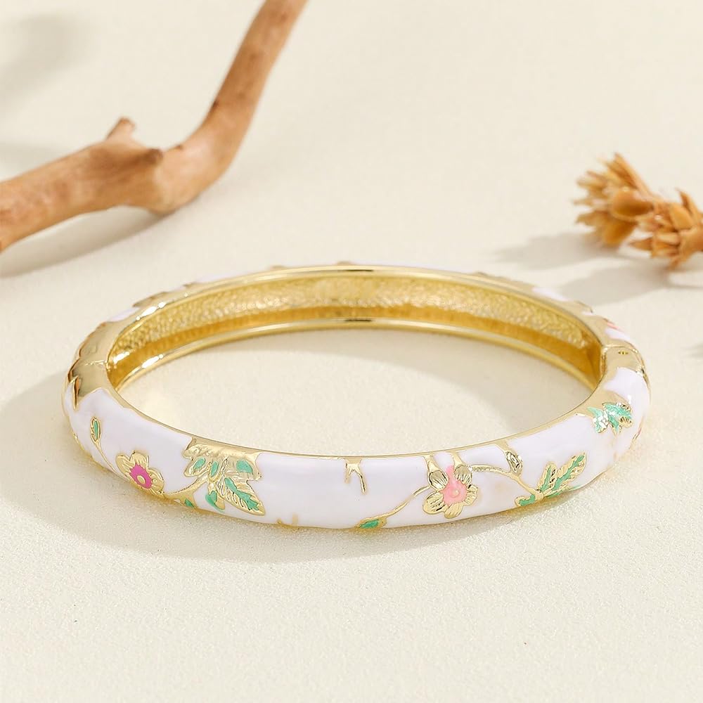 BlingNook Cloisonne Bracelet For Women, Chunky Bangle Trendy Cute Flower Enamel Bangles Multi Tone Engraved Cuff Gold Plated Bracelets Stackable Wife Jewelry Friendship Gift (Pink, One Size)
