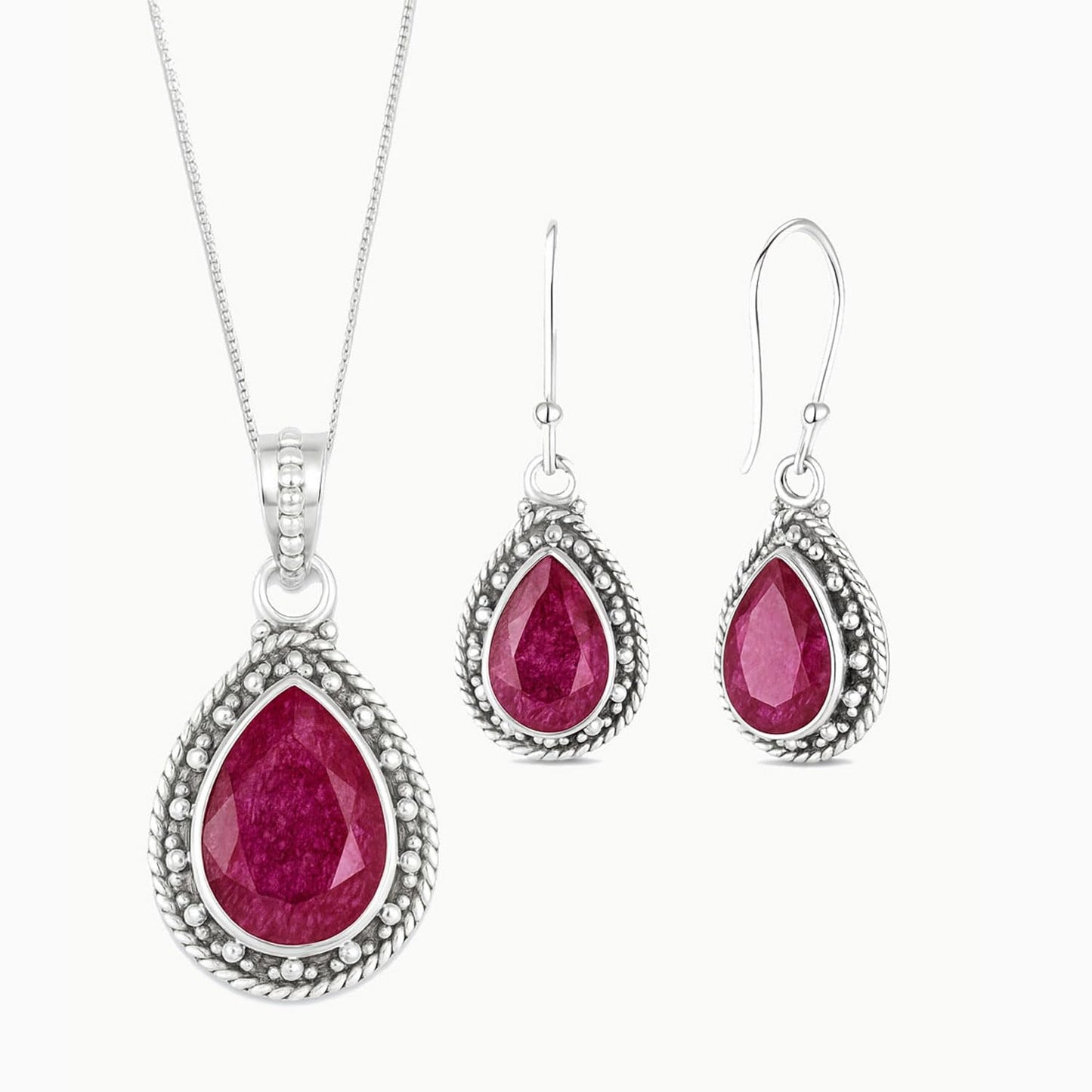 Sivalya AMALFI Raw Ruby Necklace and Earring Set in Solid Silver - Jewelry Set for Women in 925 Sterling Silver - Natural Pear Stones - Raw Ruby Gemstone Jewelry- Gift Packaging Included