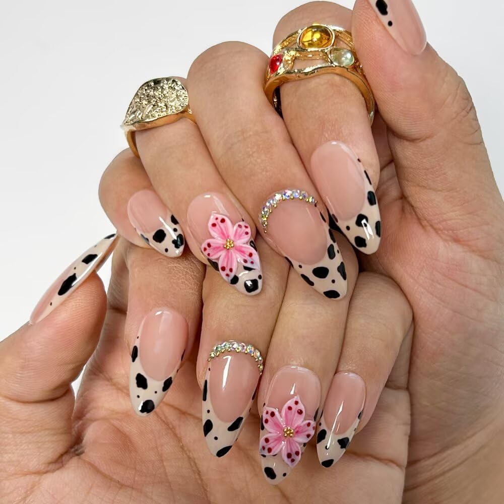 MAGLFELL Press On Nails Handmade Almond Fake Nails, Painting French 3D Leopard Print and Floral Design, Reusable Artificial False Nails for Women 15 Sizes - 30Pcs Stick On Nails Kit