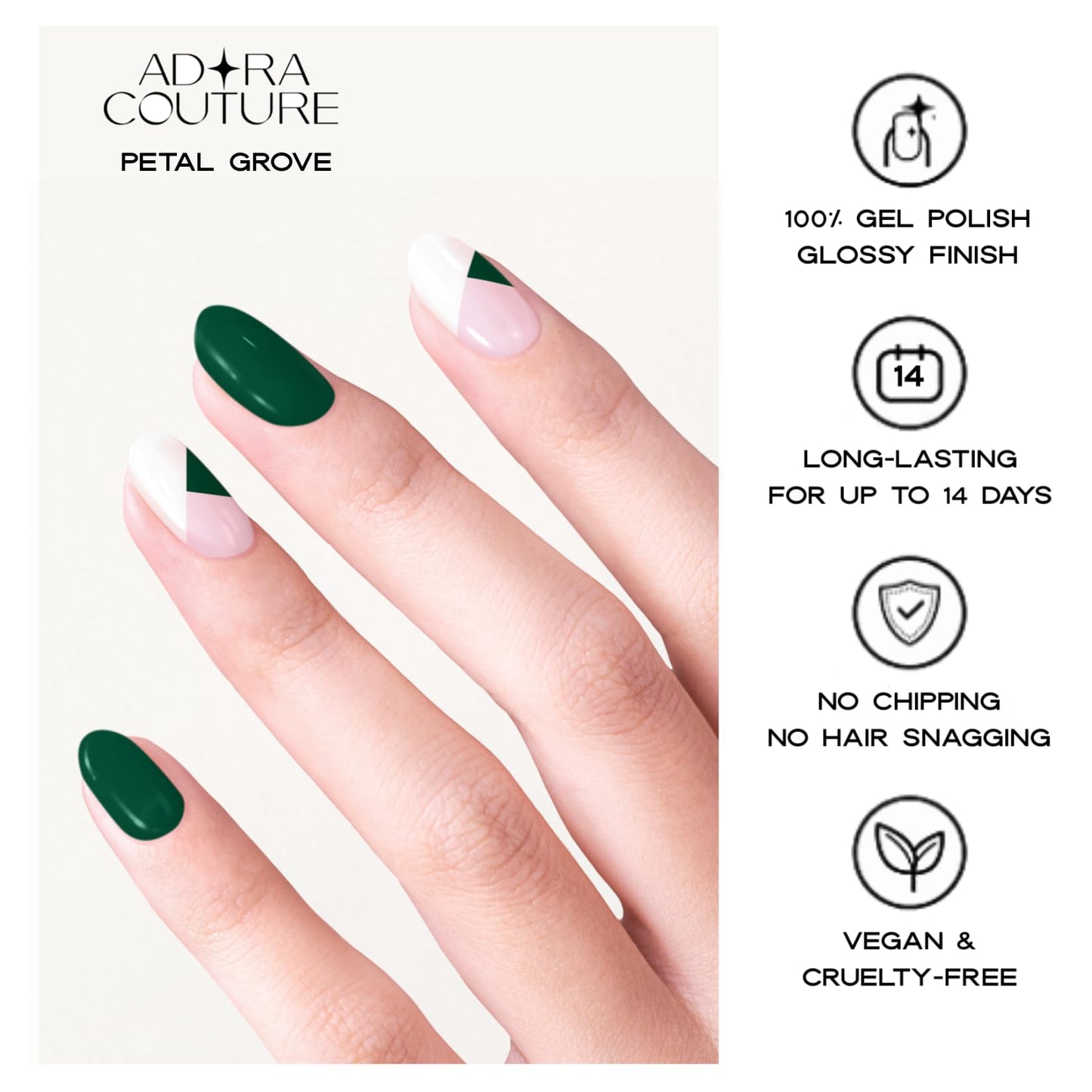 Adora Couture Semi Cured Gel Nail Strips with 30 Pieces, Salon Quality Wraps for Women, Beautiful Deep Green with Floral Accents UV Gel Stickers, UV Light Required, Petal Grove
