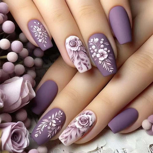 Medium Press On Nails Coffin Fake Nails Flower With Leaf Design Purple False Nails Full Cover Artificial Glue On Nail Full Cover Matte Acrylic Stick On Nail For Women Spring Nails 24pcs
