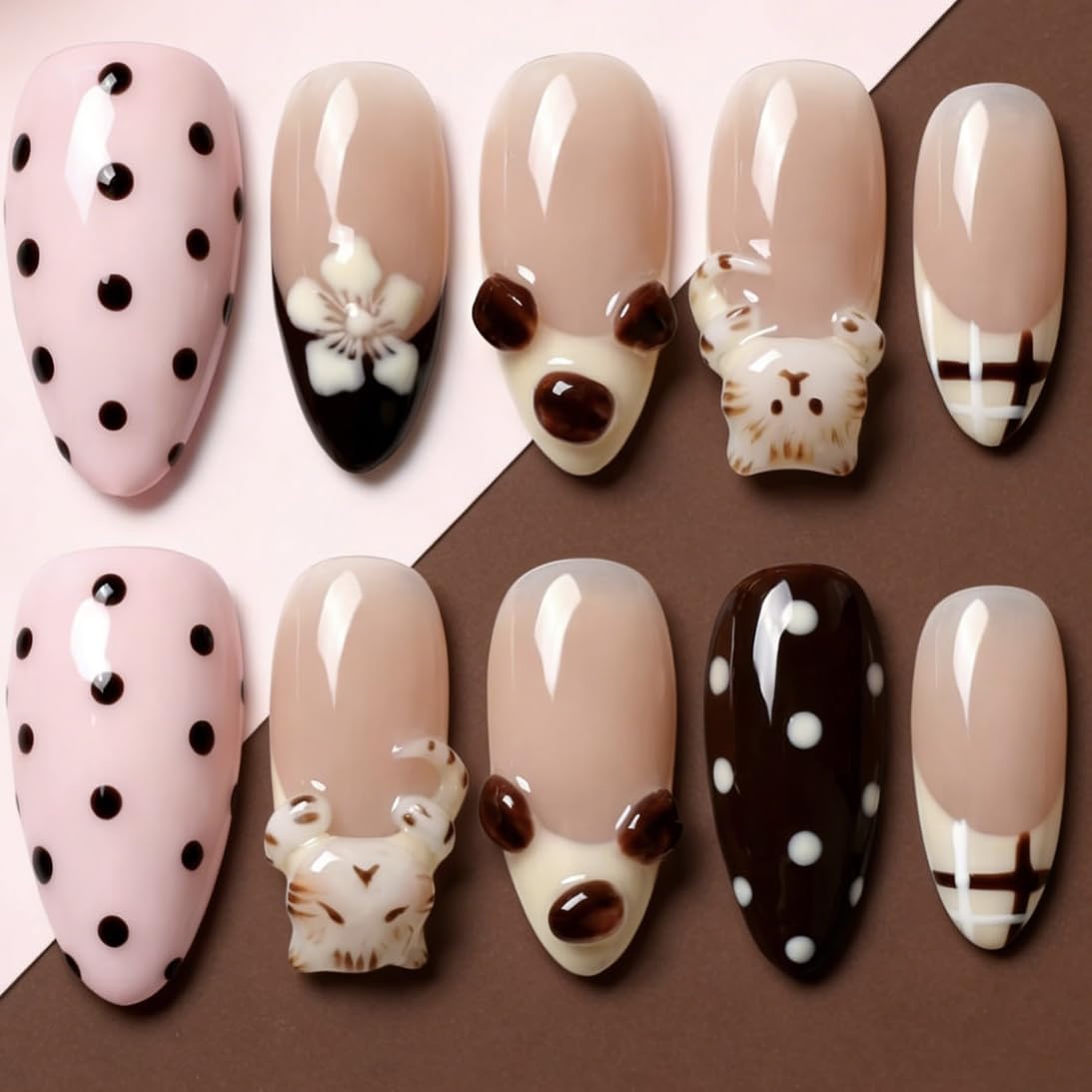 Handmade Press on Nails Almond Shape 3D Cute Glue on Nails for Women, Luxury Homemade Press on Nail Art Design, Fake Nails with 3D Nail Charms Size M 6