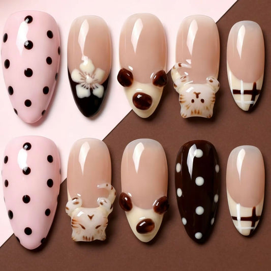 Handmade Press on Nails Almond Shape 3D Cute Glue on Nails for Women, Luxury Homemade Press on Nail Art Design, Fake Nails with 3D Nail Charms Size M 6