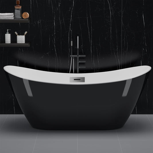 67'' Acrylic Freestanding Bathtub, Soaking Tub, Stand Alone Bathtub with Chrome Drain and Overflow, Modern Deep Upright Bath Tub for Bathroom, Easy Clean, Elegant Style, Black